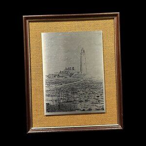 Vintage St. Mary's Lighthouse Metal Etching: Framed Nautical Wall Art